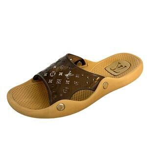 Louis Vuitton Pool Slides EU 40 Brown Monogram Rubber Italy Unisex Authentic